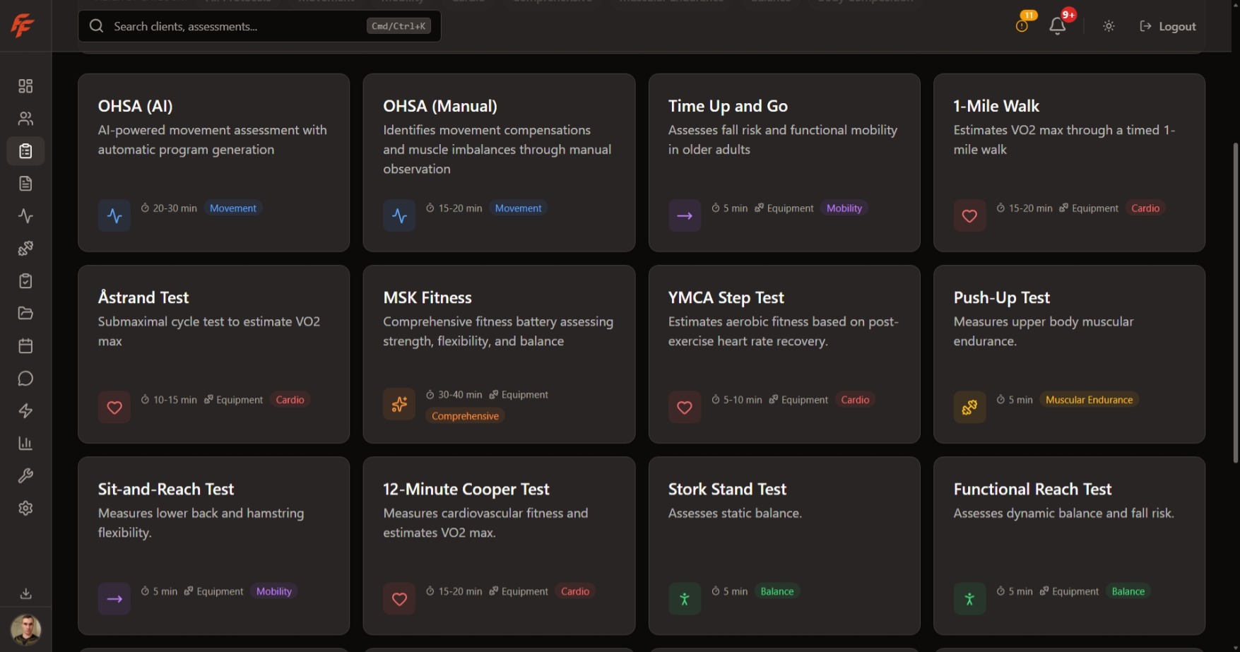 Clinical assessments page showing assessment history, score trends, and outcome interpretation for coaching decisions.