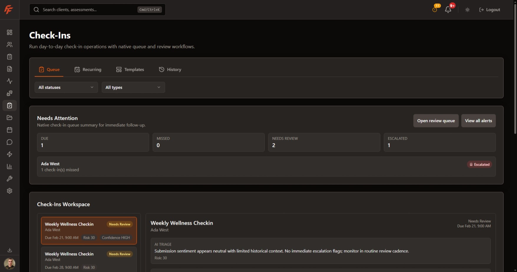 Fitflux check-ins page showing queue states, alerts, and workspace review details.