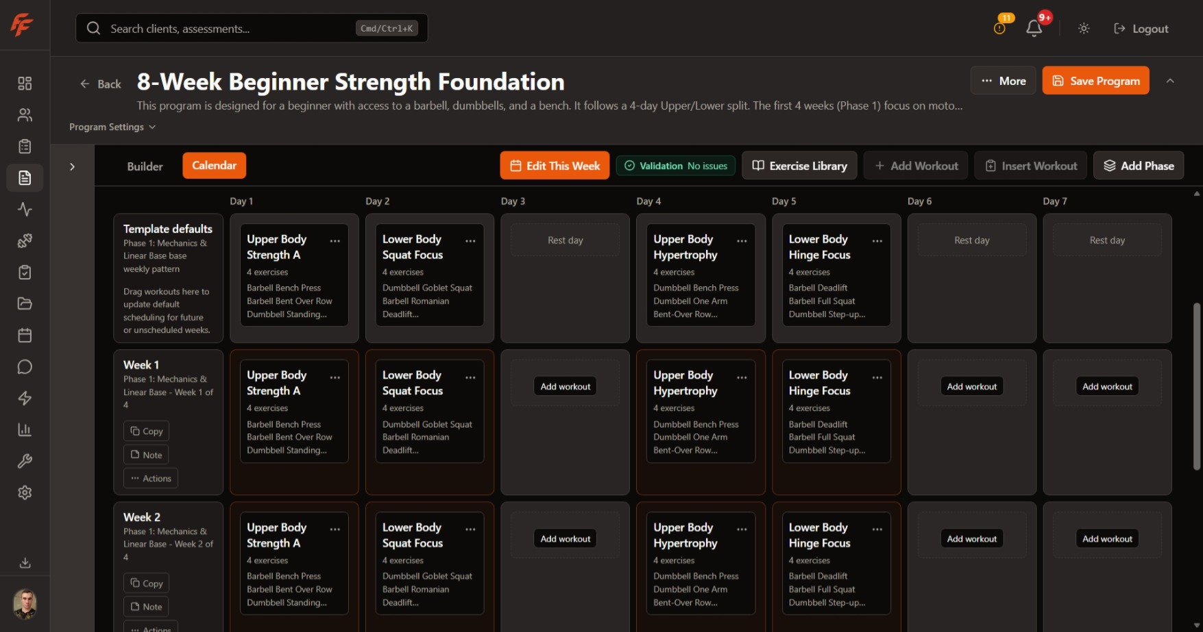 Program Builder calendar view showing week mapping, workout placement, and schedule deployment.
