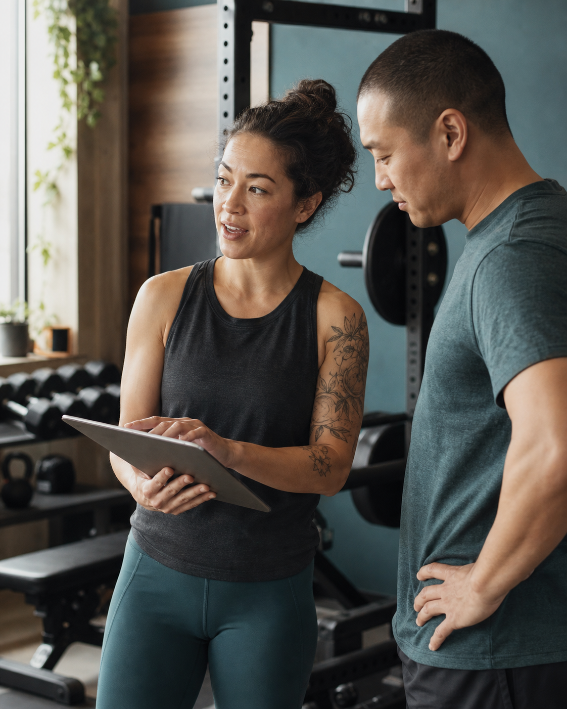 A coach and client reviewing a training plan together in a small studio